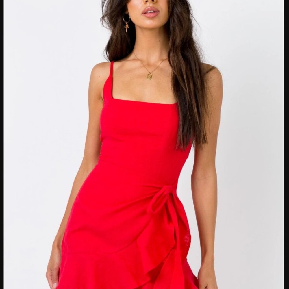 Red ruffle dress faux wrap